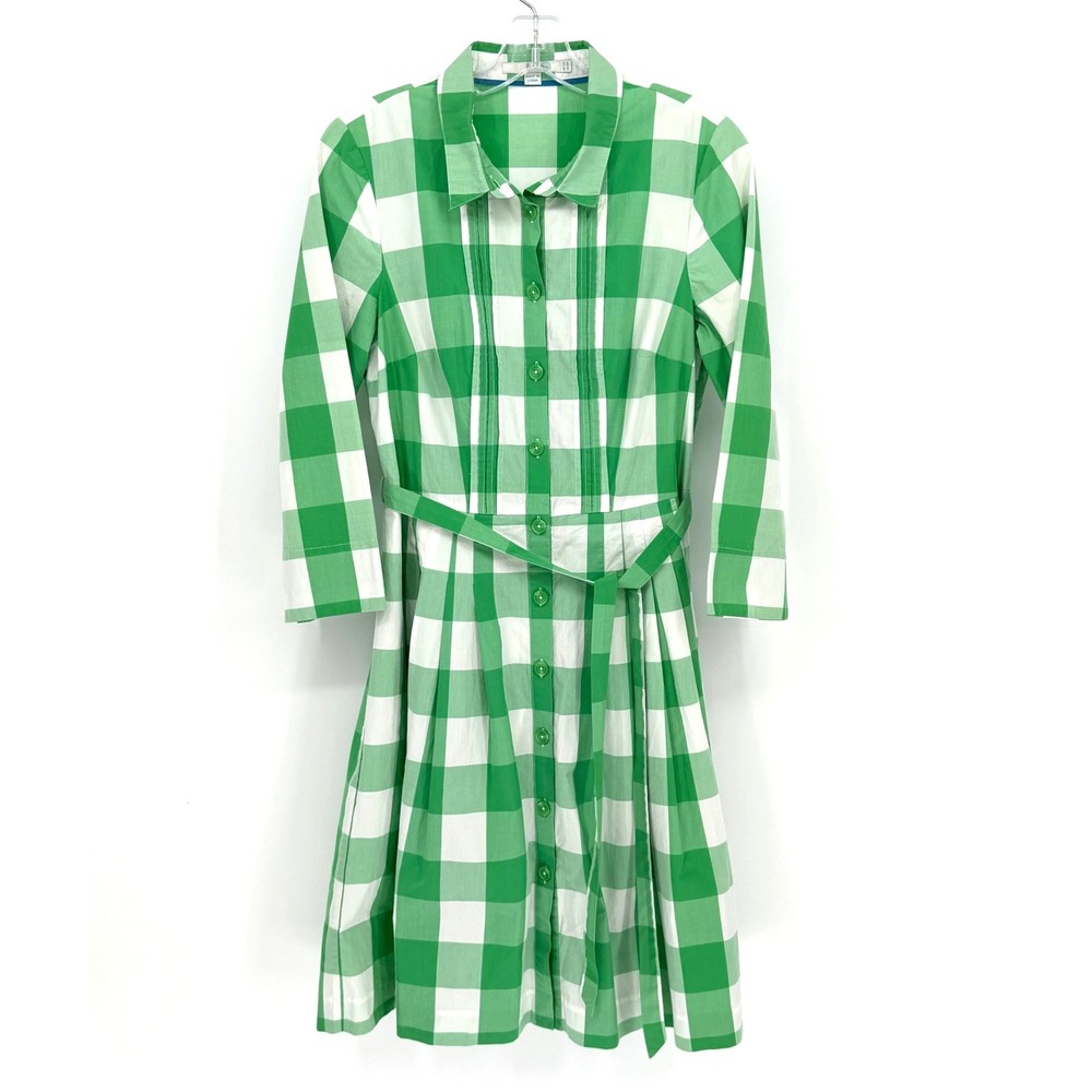 Boden Shirt Dress Womens 8 Green Gingham Pintuck Pleated Belted Cotton Preppy - Picture 3 of 11